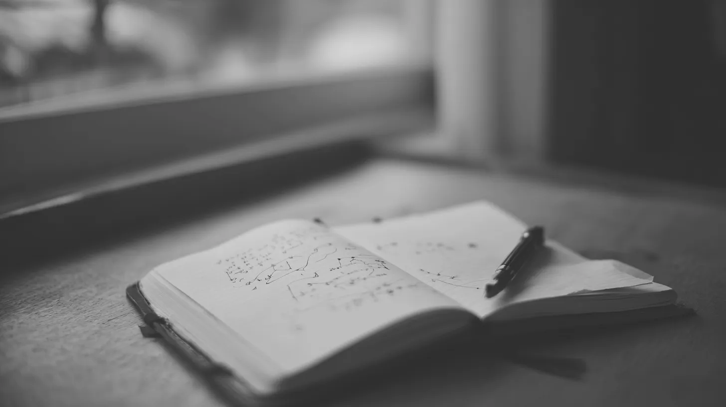 机に開かれたノートと書き込みの跡、傍らに休んでいる万年筆